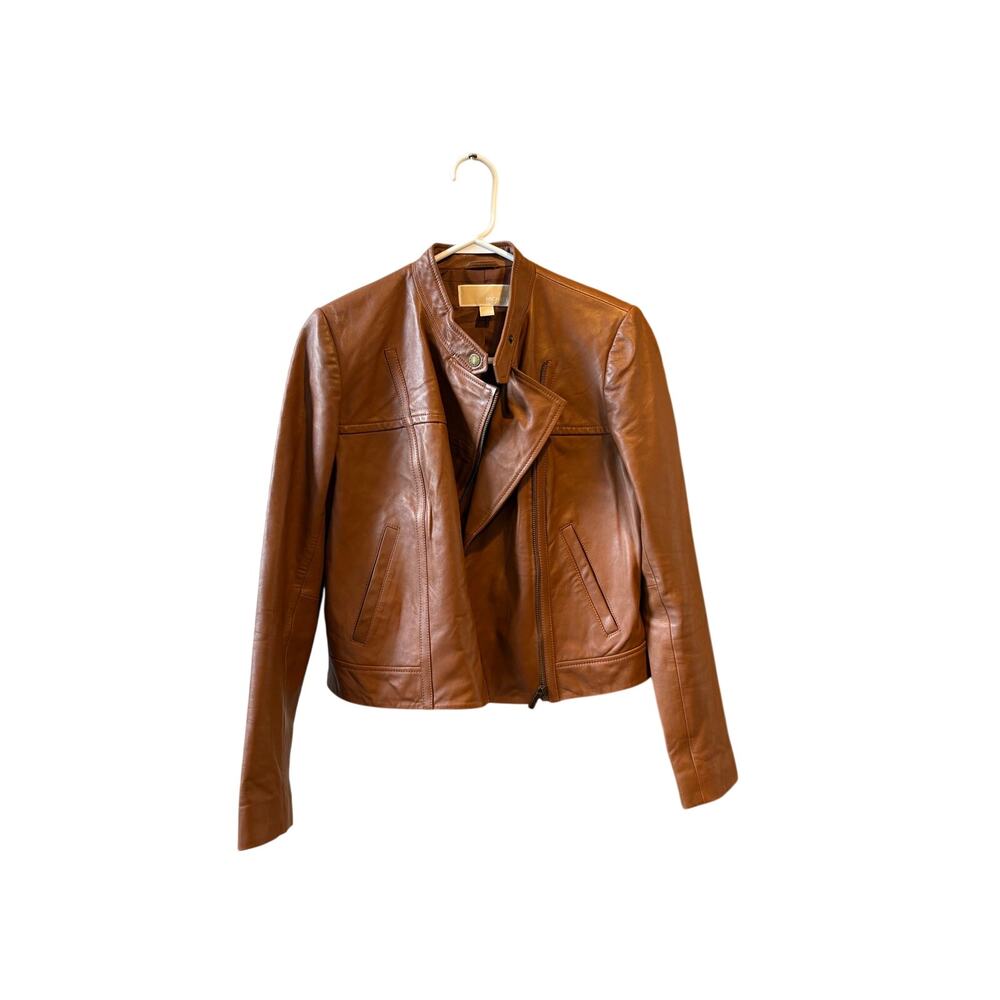 Michael Kors Carmel Brown Moto  100 % leather jacket medium small - Picture 10 of 15